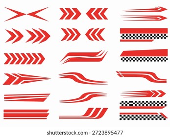 A collection of dynamic red racing stripes and graphic elements for automotive design and decoration.