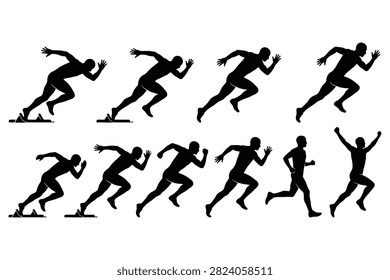 Collection of dynamic runner silhouettes illustrating speed and progress. Ideal for sports marketing and motivational campaigns.