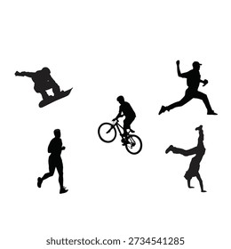 Collection of dynamic silhouettes representing snowboarding, cycling, running, and acrobatics. Captures energy and movement of active lifestyles and extreme sports.