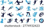Collection of dynamic soccer player silhouettes in action poses, kicking ball, energetic sport graphic elements.