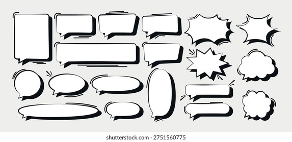 Collection of dynamic text bubbles and burst shapes with strong shadow for comic dialogue and graphic design