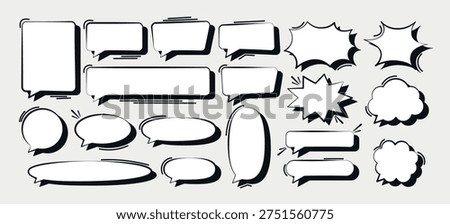 Collection of dynamic text bubbles and burst shapes with strong shadow for comic dialogue and graphic design