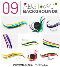 Colección de ondas dinámicas. Líneas de curva multicolores con efectos de luz y sombra. Ilustración de vector de negocio. Juego de plantillas de diseño de banners de presentación y mensajes de tarjetas de visita