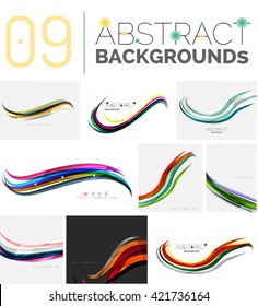 Coleção de ondas dinâmicas. Linhas de curva multicoloridas com efeitos de luz e sombra. Ilustração do vetor comercial. Conjunto de modelos de design de mensagem de cartão de visita e banner da apresentação