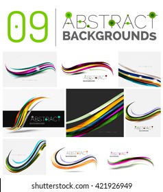 Collection of dynamic waves. Multicolored curve lines with light and shadow effects. Business vector illustration. Presentation banner and business card message design template set