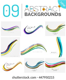 Collection of dynamic waves. Multicolored curve lines with light and shadow effects. Business vector illustration. Presentation banner and business card message design template set