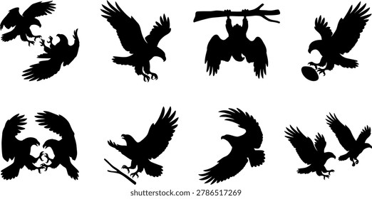 Collection of eagle bird silhouettes in flight and hunting poses isolated on a white background for branding