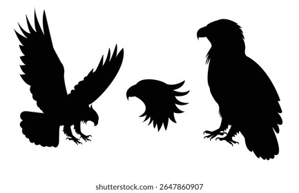 Collection of eagle silhouettes in different poses including flying, standing, and sitting. Bold black shapes on a white background, perfect for patriotic themes, wildlife artwork, logos, tattoos.
