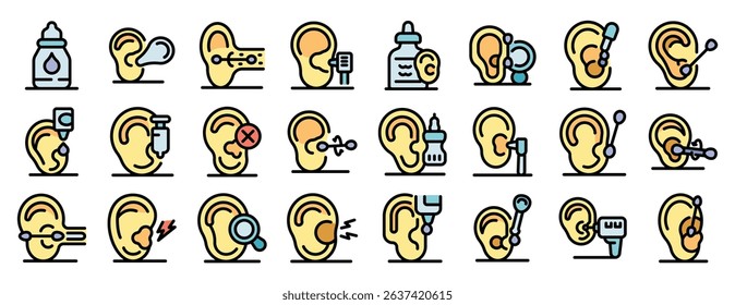 Collection of ear care icons depicting different hygiene practices