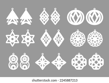 A collection of Earrings templates with geometric and abstract shapes. Isolated stencils pattern suitable for handmade work, laser cutting and printing. Jewelry Template.