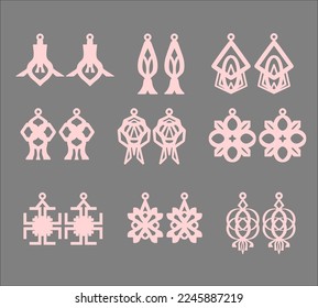 A collection of Earrings templates with geometric and abstract shapes. Isolated stencils pattern suitable for handmade work, laser cutting and printing. Jewelry Template.