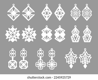 A collection of Earrings templates with geometric and abstract shapes. Isolated stencils pattern suitable for handmade work, laser cutting and printing. Jewelry Template.