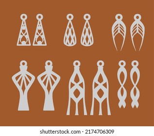 A collection of Earrings templates with geometric shapes. Isolated stencils pattern suitable for handmade work, laser cutting and printing.