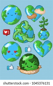 Collection of Earth day elements in pixel art.