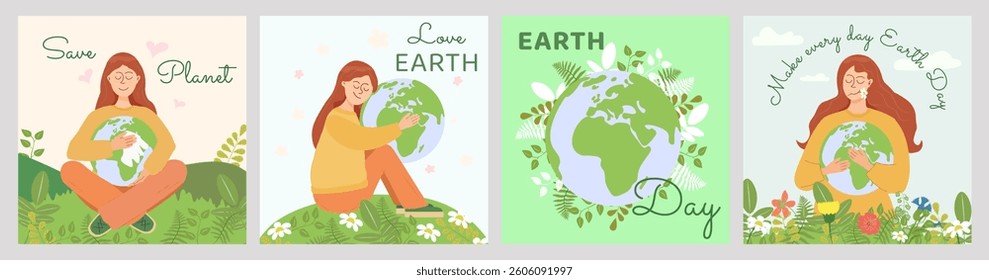 A collection of Earth Day illustrations on the theme of environmental awareness and love for nature. A girl hugs and washes the planet. Greenery and ecology. Ideal for campaigns and education.