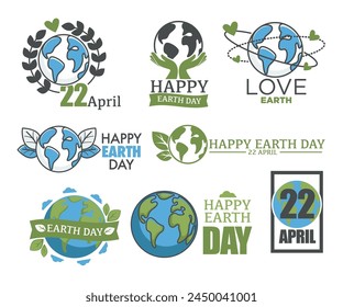 Collection of Earth Day logos, vector illustrations with global and nature themes.