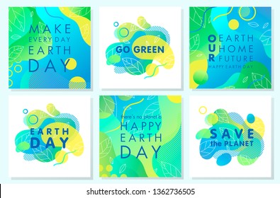 Collection of Earth Day posters with gradient backgrounds,liquid shapes,tiny leaves and geometric elements.Earth Day layouts perfect for prints,flyers,covers,banners design and more.Eco concepts.