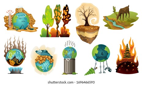 Collection of earth global warming illustration. Warning ecology posters. Concept global planet drought icons. Poorly globe characters of cartoon earth