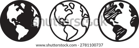 Collection of earth globe icons in varied styles, including filled, outline, and hand-drawn, perfect for global themes.