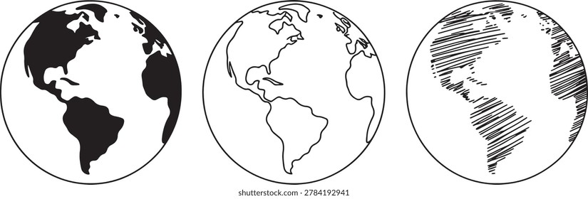 Collection of earth globes in different styles: solid fill, line drawing, and scribbled texture. Represents world, planet, geography, and travel. Versatile for global themes.