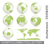 collection of earth globes end a map isolated on white, vector illustration