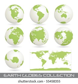 collection of earth globes end a map isolated on white, vector illustration