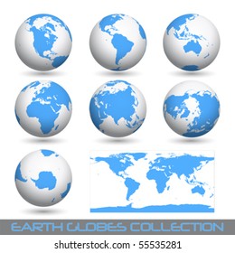 collection of earth globes end a map isolated on white, vector illustration