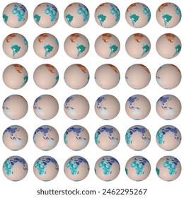 Colección de globos terrestres. Vista de esfera normal. Paso de rotación 10 grados. Estilo de países coloreados. Mapa del mundo con líneas gráciles sobre fondo blanco. Hermosa Ilustración vectorial.