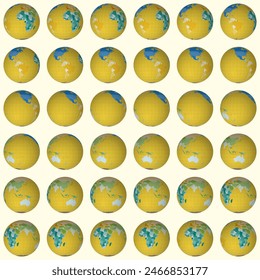 Collection of earth globes. Normal sphere view. Rotation step 10 degrees. Colored countries style. World map with sparse graticule lines on warm background. Gorgeous vector illustration.