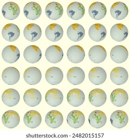 Collection of earth globes. Normal sphere view. Rotation step 10 degrees. Colored countries style. World map with sparse graticule lines on pale background. Fascinating vector illustration.