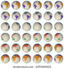 Colección de globos terrestres. Vista de esfera normal. Paso de rotación 10 grados. Estilo de continentes de colores. Mapa del mundo con líneas de gránulos dispersos sobre fondo pálido. Una Ilustración vectorial encantadora.