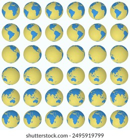 Colección de globos terrestres. Vista de esfera normal. Paso de rotación 10 grados. Estilo de color sólido. Mapa del mundo con líneas de gránulos dispersos sobre fondo claro. Ilustración vectorial elegante.