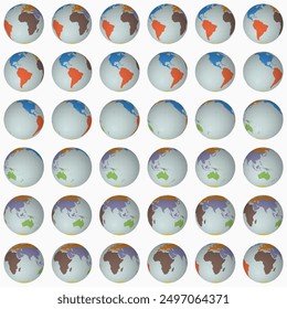 Collection of earth globes. Normal sphere view. Rotation step 10 degrees. Colored continents style. World map with sparse graticule lines on lightness background. Beautiful vector illustration.