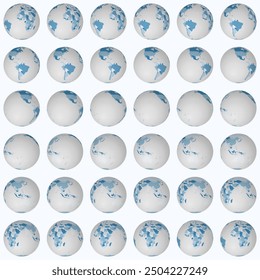 Colección de globos terráqueos. Vista de esfera normal. Paso de rotación 10 grados. Estilo de países de colores. Mapa del mundo con líneas de partículas sobre fondo claro. Gran Ilustración vectorial.