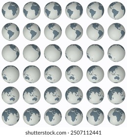 Collection of earth globes. Normal sphere view. Rotation step 10 degrees. Solid color style. World map with sparse graticule lines on lightness background. Fresh vector illustration.
