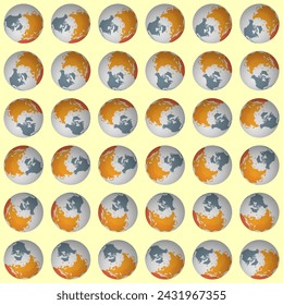 Collection of earth globes. North pole sphere view. Rotation step 10 degrees. Colored continents style. World map with sparse graticule lines on warm background. Awesome vector illustration.