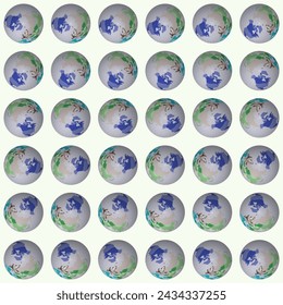 Collection of earth globes. North pole sphere view. Rotation step 10 degrees. Colored countries style. World map with sparse graticule lines on pale background. Charming vector illustration.