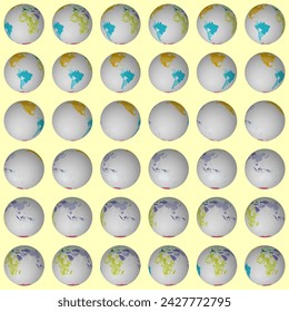 Collection of Earth globes in a rotating sequence, showcasing colored countries with dense graticule lines on a warm background. Neat vector illustration.