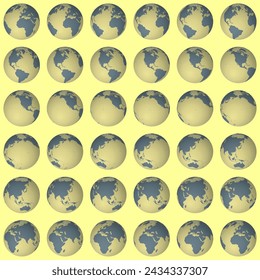 Colección de globos de tierra. Vista de esfera inclinada. Paso de rotación 10 grados. Estilo de color sólido. Mapa del mundo con líneas de gránulos densos sobre fondo iluminado. Ilustración vectorial ordenada.
