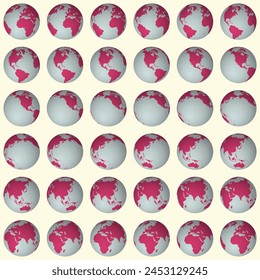Collection of earth globes. Slanted sphere view. Rotation step 10 degrees. Solid color style. World map with sparse graticule lines on bright background. Beauteous vector illustration.