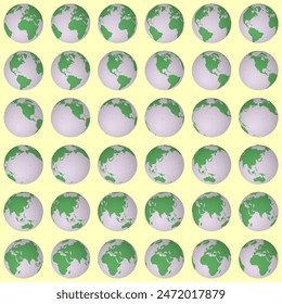 Collection of earth globes. Slanted sphere view. Rotation step 10 degrees. Solid color style. World map with sparse graticule lines on warm background. Fancy vector illustration.