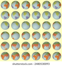 Collection of earth globes. Slanted sphere view. Rotation step 10 degrees. Colored continents style. World map with sparse graticule lines on yellowish background. Beautiful vector illustration.