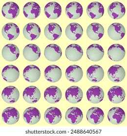 Colección de globos terrestres. Vista de esfera inclinada. Paso de rotación 10 grados. Estilo de color sólido. Mapa del mundo con líneas dispersas de la grácil en fondo claro. Ilustración vectorial vibrante.