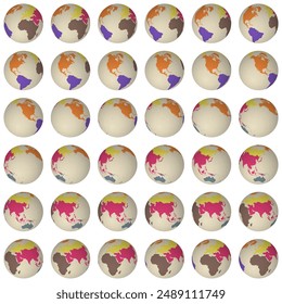 Colección de globos terrestres. Vista de esfera inclinada. Paso de rotación 10 grados. Estilo de continentes de colores. Mapa del mundo con líneas gráciles sobre fondo brillante. Ilustración vectorial jugosa.