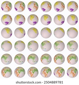 Colección de globos terráqueos. Vista de esfera inclinada. Paso de rotación 10 grados. Estilo de países de colores. Mapa del mundo con líneas de partículas sobre fondo de ligereza. Adorable Ilustración vectorial.