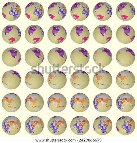 Collection of earth globes. Slanted sphere view. Rotation step 10 degrees. Colored countries style. World map with sparse graticule lines on pastel background. Terrific vector illustration.