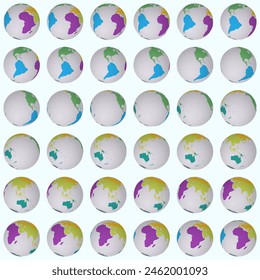 Collection of earth globes. Tilted sphere view. Rotation step 10 degrees. Colored continents style. World map with dense graticule lines on light background. Artistic vector illustration.