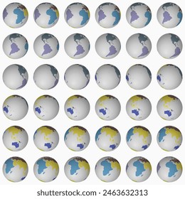 Collection of earth globes. Tilted sphere view. Rotation step 10 degrees. Colored continents style. World map with dense graticule lines on lightness background. Charming vector illustration.