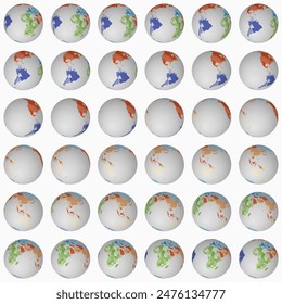 Colección de globos terrestres. Vista de esfera inclinada. Paso de rotación 10 grados. Estilo de países coloreados. Mapa del mundo con líneas gráciles sobre fondo claro. Increíble Ilustración vectorial.