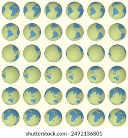Collection of earth globes. Tilted sphere view. Rotation step 10 degrees. Solid color style. World map with sparse graticule lines on creamy background. Enchanting vector illustration.